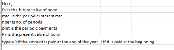 Here, Fv is the future value of bond rate is the periodic interest rate nper is no. of periods pmt is the periodic payments P