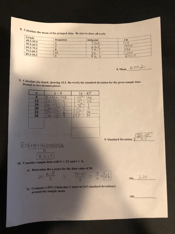 iculate the mean of the grouped data. Be sure to show all wor Grade 49.5-59.5 59.5-69.5 69.5-79.5 79.5-89.5 89.5-99.5 frequency midpoint 7나.5 OI4 72.- 12 8. Mean 477。2- 9. Galeulate (by-hand, showing ALL the work) the standard deviation for the given sample data. Round to two decimal places 5 | (5-17)--12 | (-12):144 5%--25 12 16 20 23 26 126-17) 12-17) az 3-17) S I 9. Standard DeviationYn ㄨ二5+12 +16+20123121 4, 10. Consider sample data with x = 21 and s a) Determine the z-score for the data value of 30. 10a.-246 b) Compute a 95% Chebyshevs interval (4.5 standard deviations) around the sample mean. 101.-