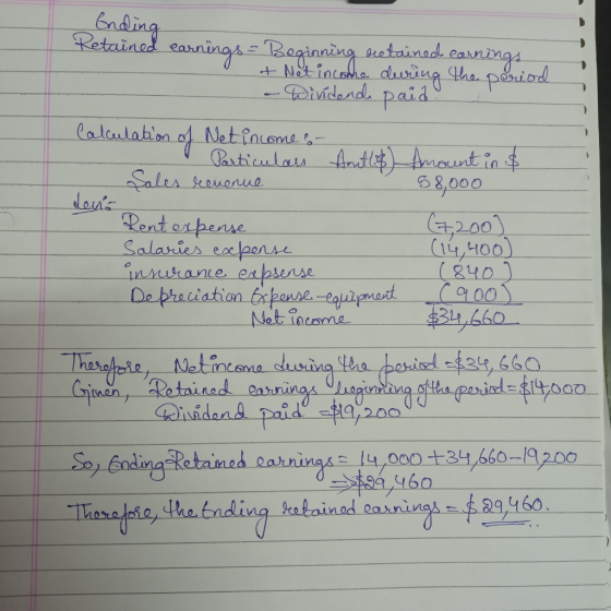 Ending Retained earnings - Beginning octained earnings + Net income during the period - Dividenda paid. Calculation of Net in