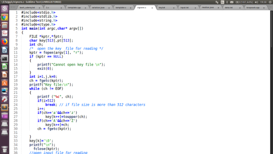 /HomeworkLib/c/vignere.c-Sublime Text (UNREGISTERED) t E, E) (1 :07, 64%) 40, 19:38 * l.c xVtemplate.cpp Х gnere.ckey.txt median.ja