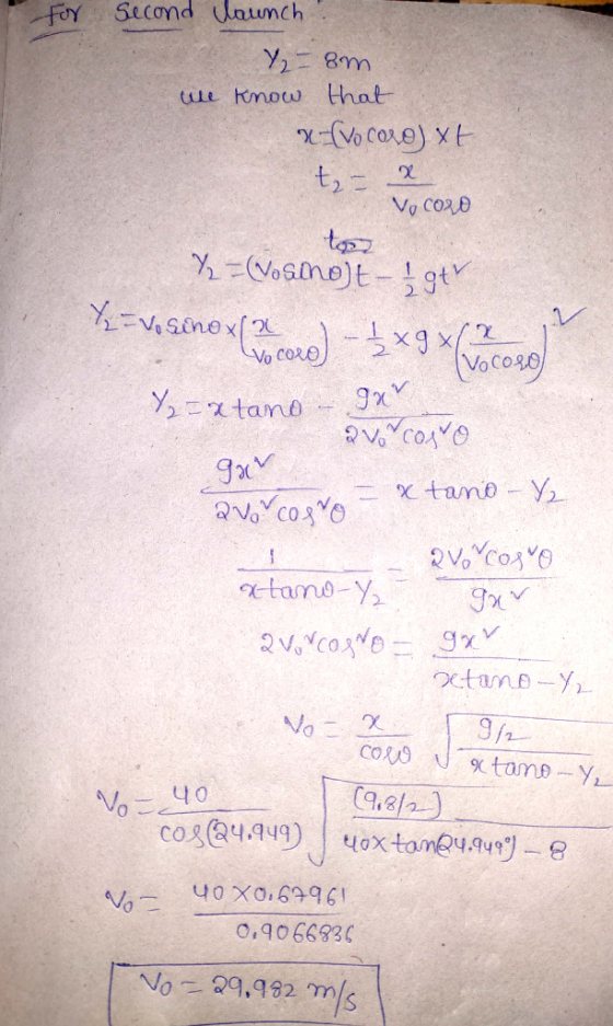 for second launch Y - om we know that x=vo coro) xt t- x Vocoro tor Y. =(Vosinot - ļot Vorinox Vococo VoC020 Y=xtano - Qvo co