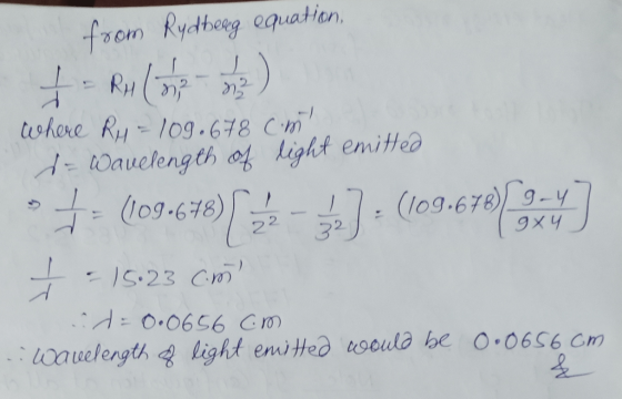 from Rydtbong equaton whore Ry-109. 678 Cm -10auclength of hight emittea 0g.618)2 .678 9-y 94 1 32 15.23 Cm . =0.0656 C10 0au