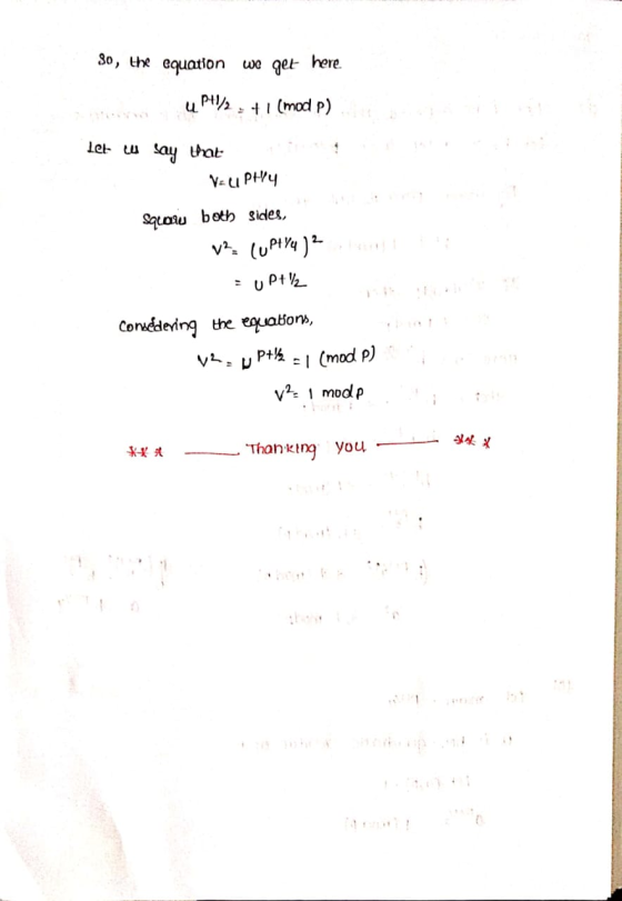 30, the equation we qet here (mod p) Squau both sides, v uPt) Conuddeving the eaon, P+ (mod P) vmodp K-K Thanking you