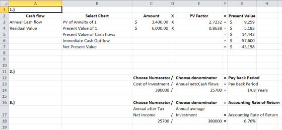 В C F G Н 1 1.) =Present Value Cash flow Select Chart 2 Amount х PV Factor $ $ 3 Annual Cash flow PV of Annuity of 1 2.7232=