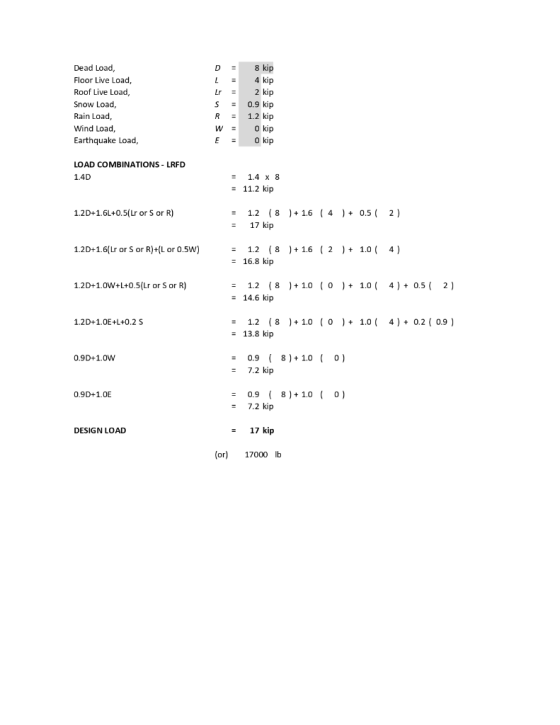 Dead Load Floor Live Load, Roof Live Load Snow Load Rain Load, Wind Load, Earthquake Load D8 kip L4 kip Lr 2 kip S0.9 kip R1.