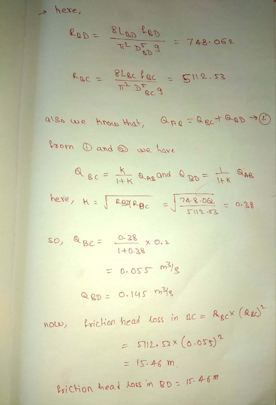 hexe, eo1 20 B0 748-062 Poom (D andのwe have here, h= 74-8-062 O. S112-3 so, aBC_ +0-38 0,055 m3/g hou, erichon head loss in R