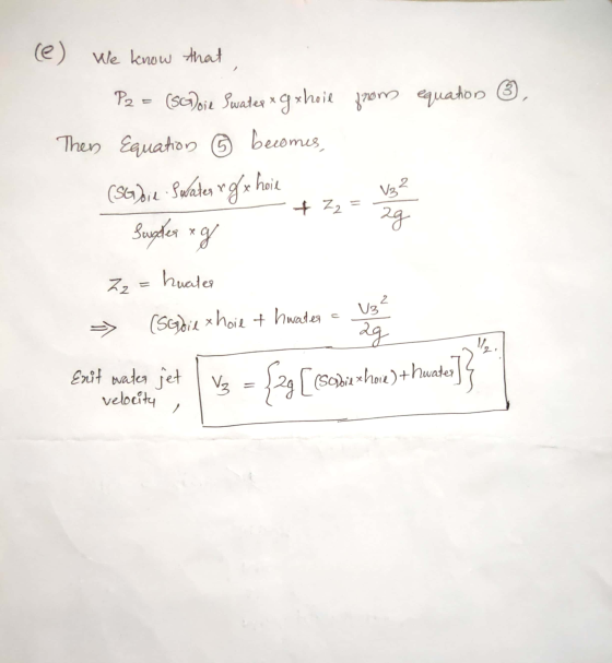 (e) We know that, P2 = (scDoie Swater x g shoie from Then Equation ③ becomes, equation , (36) id. Swater glx hoir + Z2 = V3 -
