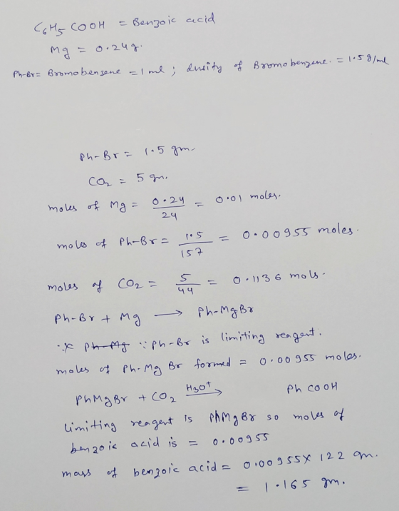 C6Hg cooh = Benzoic acid mg = 0.249. Ph-Br= Bromo benzene = 1 ml; drsity of Bromo benzene. = 1059/ml Phabra 1.5 gm. con = 5 g