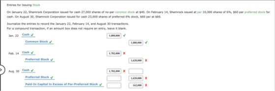 Entries for issuing Stock On January 22, Shamrock Corporation issued for cash 27,000 shares of no-par common stock at $40. On