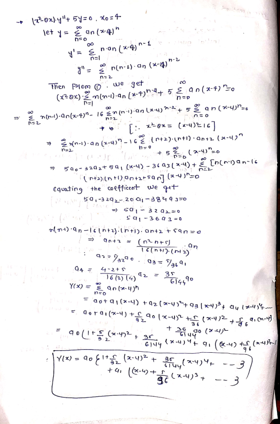122-02).y+ 5y=0, X0=4 let y = Ź an (8-4) 00 = 0 n-1 y= E non (x-4) - n=1 nin-tan (x-4) ? n=2 Then from o n =D n=1 nEO n-2
