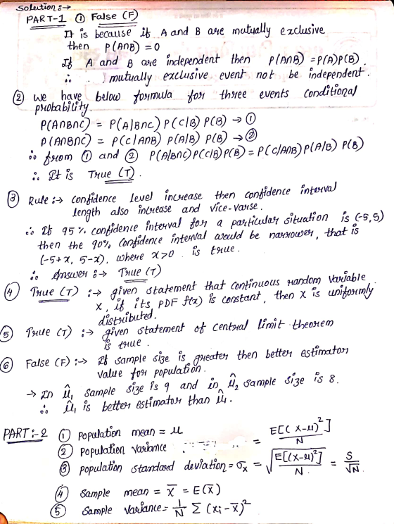 3 solution : PART-1 O False (F) It is because it A and B ane mutually exclusive then pland) = 0 It A and B are independent th