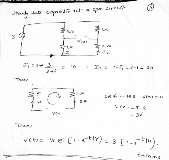 ENDAULLER Steady state capacitor act as open circuit 3 Ⓡ 200 I,=3* 3 3 = 1A ; I2 = 3-1 = 3-12 2A Then 2 5* 1A 1*2 - Via) co E
