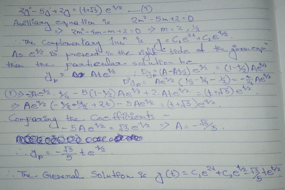 The desde of the green cam then 2 As e/2 is present on the role = 0, e2+ Gett. Zy - 56+ 2y = (t+13) e12 - 0 Amilliary equatio