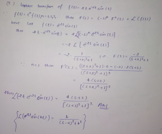 then (9) Laplace tocens from of f(t)= steet sin ct) f(t) = t f(t), n = 3, 2,3, FCS) (-1) F (S) & 2 (f(t)) fct) = è et sinc