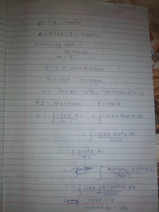 Pages yllty = tanec D (D 2+2) = tan? auxiliary ean is m2+1=0 m = ti Yc- CI CO SOC+02 SIDY y = cosx 42 SIC 41. 421-ylly2 = Cos