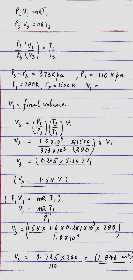 P, V, EART, P₃ Uz = nRTs Prvi Т. B P₂ \V3 P₂ = P₂ = 373k pa T,=200K, I3 = 1500k P,= lookpa 2 로 = final volume. sn 6)) sn Pi