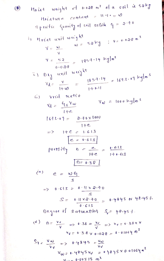 (6) Moint weight of 0.028 m3 of a soil is sakg Moist wie Correr -1 Speutic Gravity of soil eolica q = 0.40 is Morat unit wuy