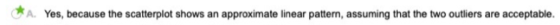 A. Yes, because the scatterplot shows an approximate linear pattern, assuming that the two outliers are acceptable.
