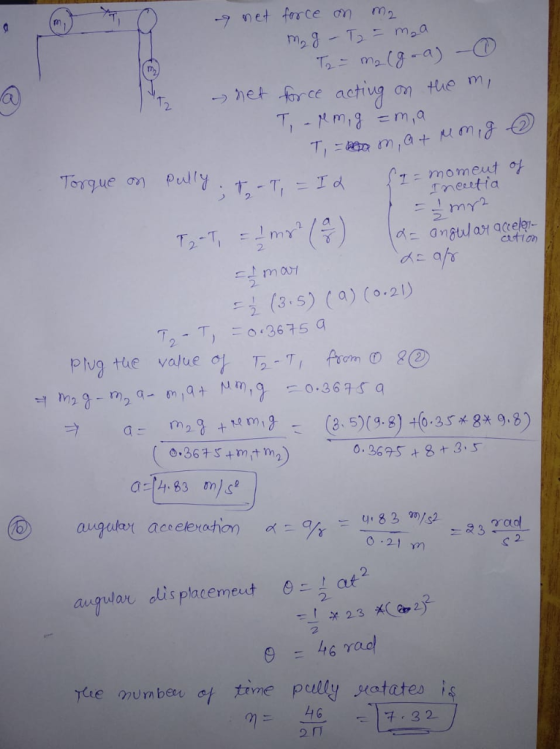 Torque on Plly momeut o eestia (35) (a) (。.2) m(8 5)09-3) +6-35x9.8) 0.3625 +8+3.5 a 83ms acceleroch 2 o 21 m 2. angular, dis
