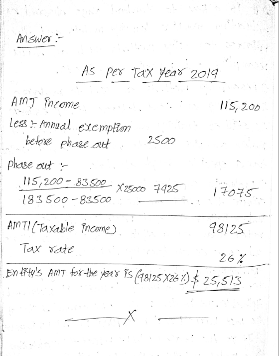 Answer :- As per Tax year 2019 AMI Encome nda, 115,200 less :- Anual exemption before phase.out. 2500 . . - phase out ? : ) 1