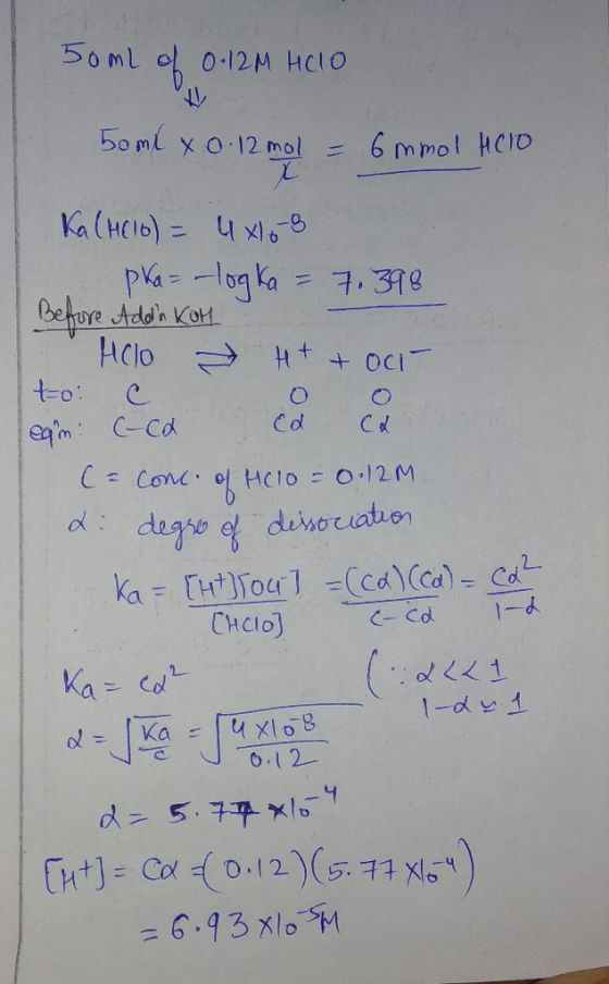 50mL of 0-12 M HClO 50ml x 0 12 mol = 6 mmol Holo t-o C Ka (H(16) = 4x168 pka= -logka = 7.398 Before Addin Kom Holo H+ + oci-