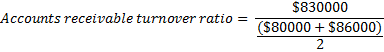 $830000 Accounts receivable turnover ratio = ($80000 + $86000)