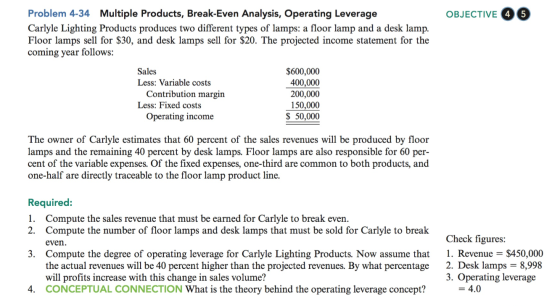 OBJECTIVE 4 5 Problem 4-34 Multiple Products, Break-Even Analysis, Operating Leverage Carlyle Lighting Products produces two