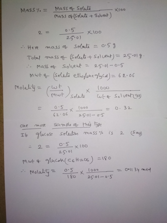 Mass%= Mass of solute -xloo mass of solute & Solvent) 0.5 2 = x100 25:0) Here mass of solate =0.59 Total mass of solute tsolv