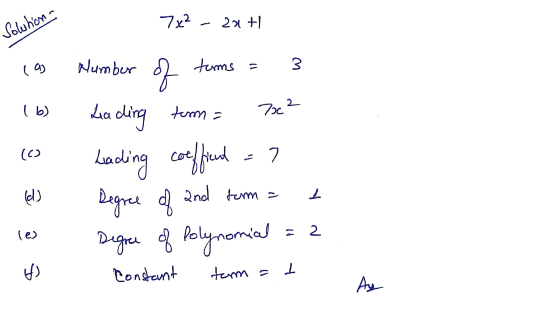 7x² Solutions 231 +1 (a Number terms = 11 3 of (b) 70c2 Leading term = coeffiend = ? (co leading coeffiend (d) 2 Degree and f