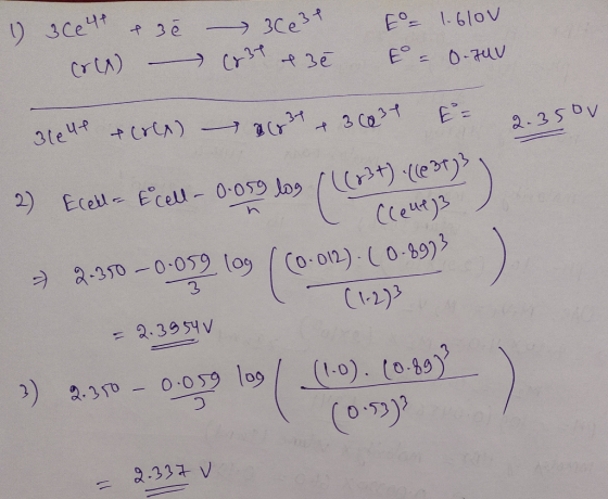 17 30e4t e së 30 e34 E = 1.610v COLA) (231 e 30 E = 0.7MV selle & CoA) 863 & 3 2034 E= 2.350v 2) Ecell- E cell- 0.050 log ((