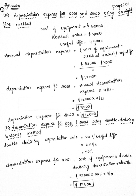page: 01 line method cost o Inswer (a) depreciation expense here comes and 2042 using straight o equipment = $52000 Residual