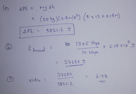 (a) C APE = mgsh & (55kg ) (9.8 m/8²) (5x 12 x 0.18m) APE - 5821.25 Aboud to 1285 stell x 6:28 210°5 = 37680.J ratio : to 12x