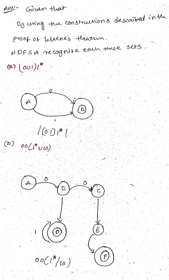 Ans! Given that By curing the constructions descombed in the proof of kleenes thearkin. NDE SA recognize each terese sets. C