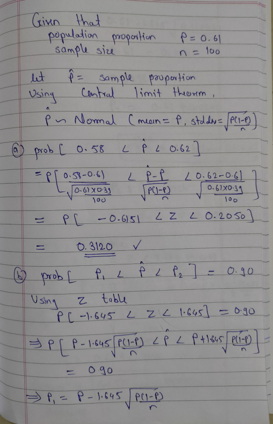 Given that a population proportion P=0.61 1 sample size n = 100 let 8 = sample proportion Using central limit theorm, Pn Norm