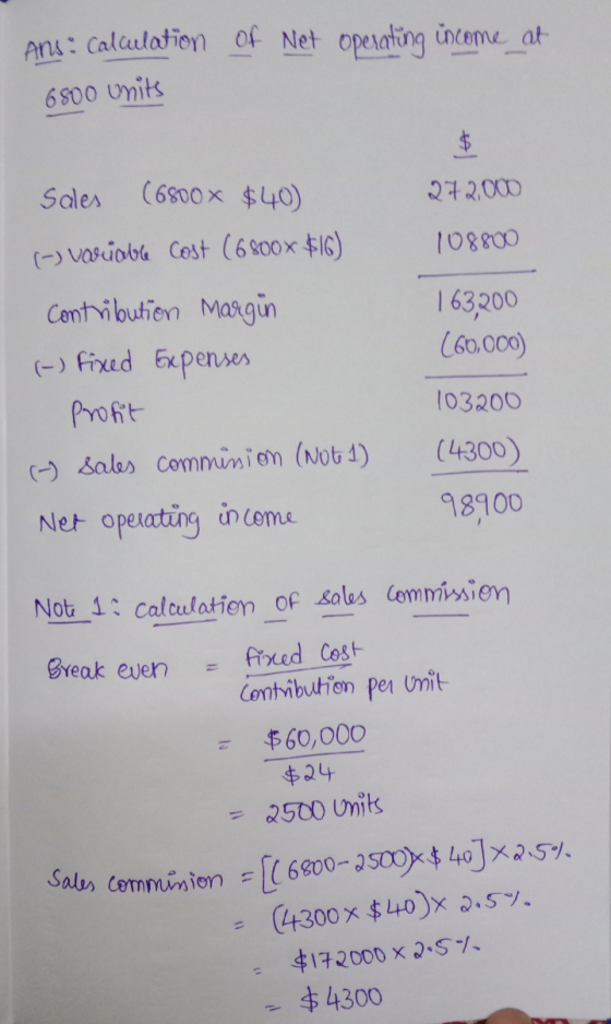Sales comminion = ( 6800-2500X $ 403x2.5% Ans: Calculation of Net operating income_at 6500 units $ Sales (6800 x $40) 272,000
