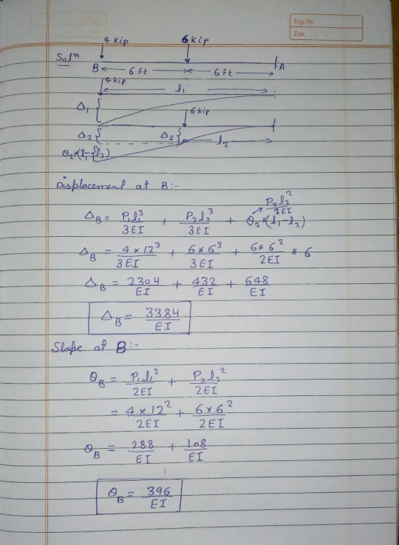 Page No. Date 6kip 4 kip Solm 6 Ft 4kip 6 Ft Gtip esplacenaen at B Pala RET ABE P 3 EI + 6.स 2ो 3 EI G62 2 EI 4x /23 3 EI 6x6