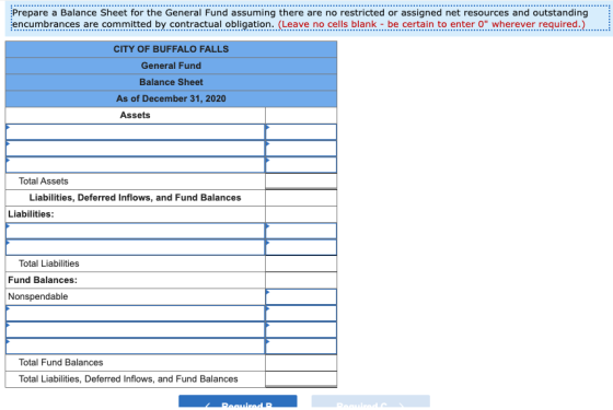 Prepare a Balance Sheet for the General Fund assuming there are no restricted or assigned net resources and outstanding encum