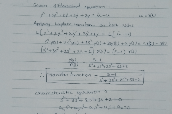 U-X(t) Given differential equation Yu +3y² + 2Ÿ + 3y + 2y = cure Applying Laplace transtorm on both sides. [y +373 + 2 y + 3