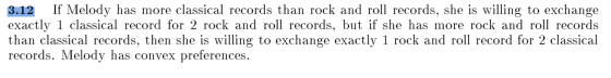 3.12 If Melody has more classical records than rock and roll records, she is willing to exchange exactly 1 classical record f