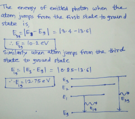 The energy of emitted photon when the atom jumps from the first state to ground state is, E-150Eg= 13.4-13-6) :E=10.2 ev simi