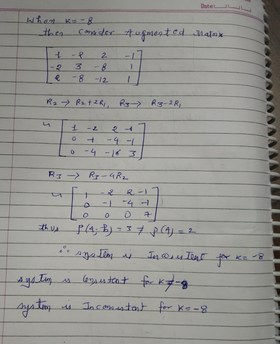 الالاDate Augmented snatox when k=- 8 then consider t-P 2 - 2 3 - 8 2 -8 -12 -17 1 1 R2 R2 +2R1 R3 R3-2R, u 1-2 247 O + -4 -
