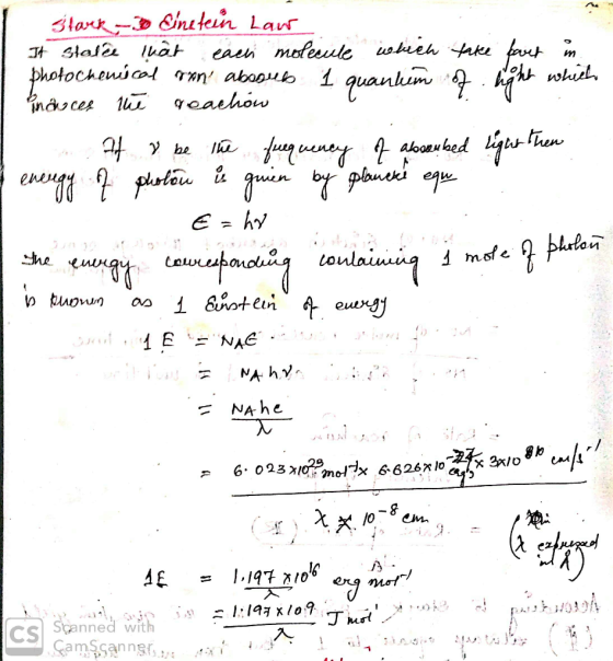 Stark, Einstein Lawr It stale that each molecule which take part in photocheniscal aon abouts 1 quantum of right which não ce