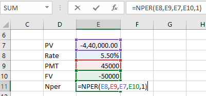 SUM 1 -4,40,000.00 PV Rate PMT| FV 5.50%) 45000l 50000 3 10 Nper ENPER(E8,E9,E7,E10,1)