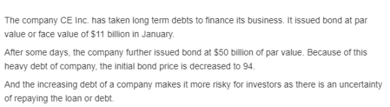 The company CE Inc. has taken long term debts to finance its business. It issued bond at par value or face value of $11 billi