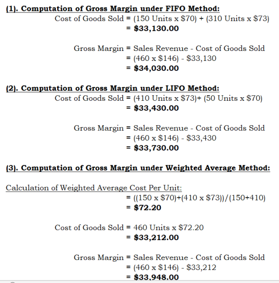 (1). Computation of Gross Margin under FIFO Method: Cost of Goods Sold = (150 Units x $70) + (310 Units x $73) = $33,130.00 G