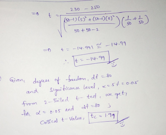 230 - 250 1901) (59 +(504)(8) (ots) 50 € 50-2 -14.99 an t = -14.991 = t=-14.99 Givern degrees of freedom, df = so and signif