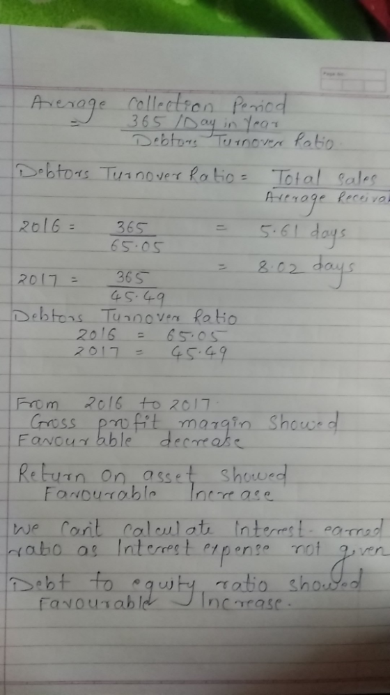 Average collection period 365 Day in year Debtors Turnover Patio Dobtors Turnover Ratio = Total sales Average Receivon 2016=