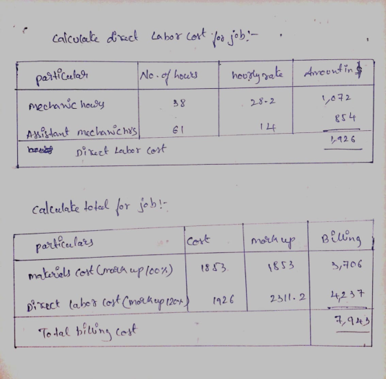 calculate direct labor cost for job.r . I particular No. of hours mechanic hours . . 38 Assistant mechaniches hendes Dixect L