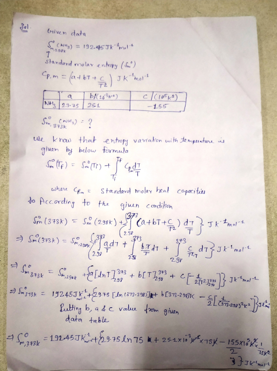 briven data Scwg) = 192.45 TK molt standard molar entropy (sm) (p, m = (a + b + c) J K molt Ta bt(183ke) / (10542) NH3 29-752