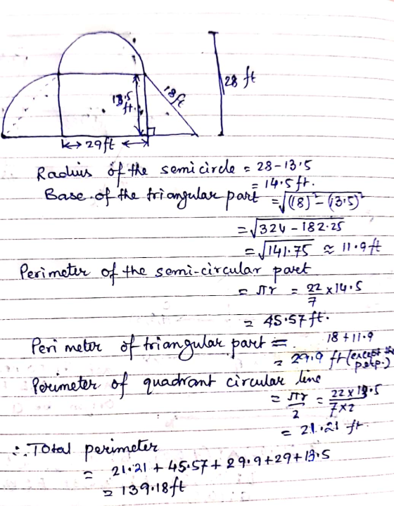 18 Ft 28 ft 13:5 Hi 7 kraft Raduis of the semicircle = 28-13.5 Base of the triangular part 1 85 6375) = 14.5 ft. = 324 -182:2